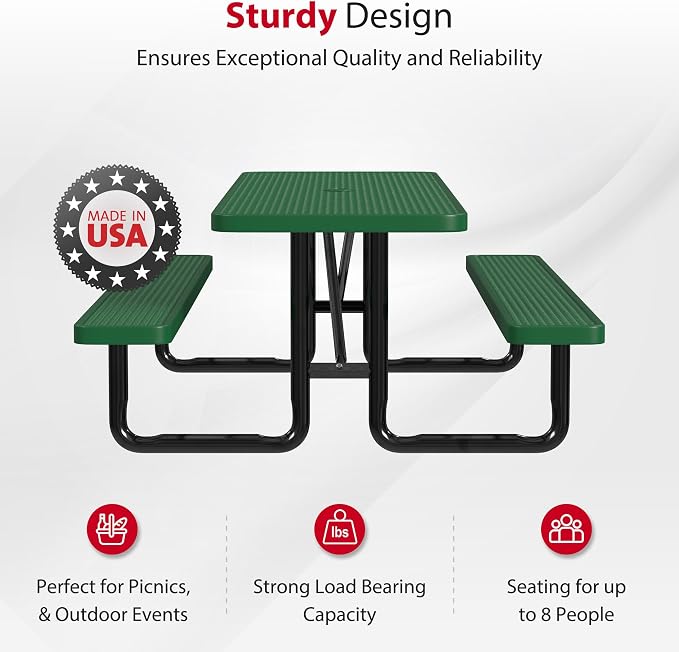 Leisure Craft Metal Picnic Table with Bench - 8 ft Rectangle Outdoor Dining Table for 8, Umbrella Hole, Weatherproof Heavy Duty Thermoplastic Coating, Commercial Grade Furniture Made in USA - Green