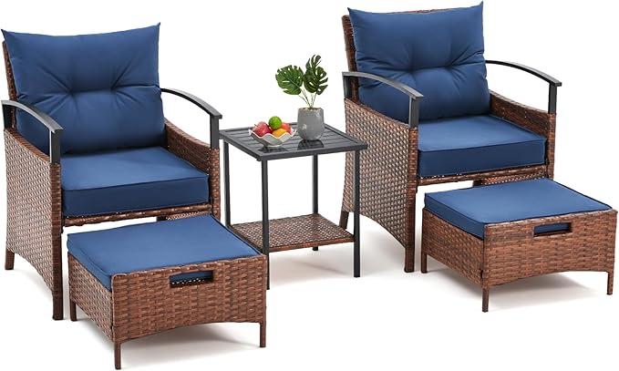 AVAWING 5 PCS Outdoor Rattan Furniture Set, Wicker Conversation Sets W/Metal Coffee Table and Soft Cushions, Patio Chairs with Ottomans for Garden, Porch, Balcony and Deck (Blue)