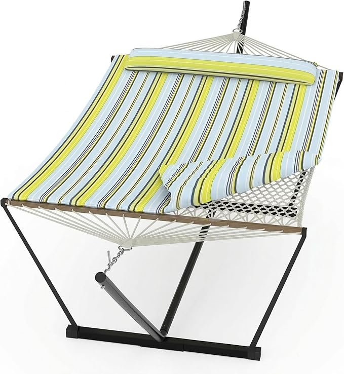 Double Hammock with Stand – 2-Person Cotton Rope Hammock with Polyester Quilted Pad & Pillow, 475 Lbs Capacity Portable Hammock for Garden, Yard & Camping