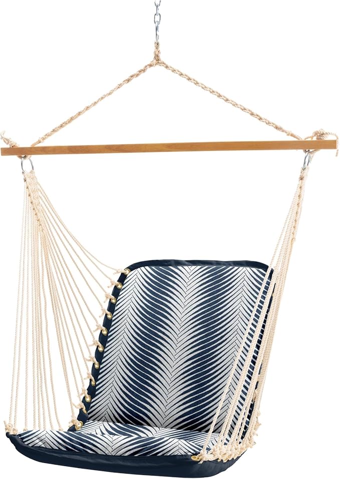 Original Pawleys Island Bella Dura Cushioned Single Swing – Clock Out Indigo, Oak Spreader Bar, 350 lb Capacity, 24 in. x 24 in., Handcrafted in The USA