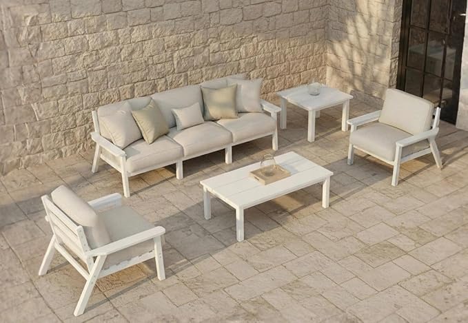 7 Piece Patio Conversation Sets, Outdoor Couch with Washable Thick Beige Cushions, HDPE Patio Furniture Set, Outdoor Sectional Furniture for Backyard, Deck, Lawn, Porch (White Frame)