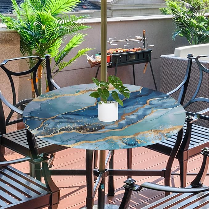 OSAM SPACE Outdoor Tablecloth with Umbrella Hole, Round Elastic Fitted Table Cloth with Invisible Zipper,Abstract Liquid Teal Blue Marble Picnic Patio Table Cover 36-44in