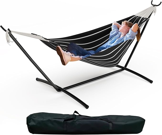 GAOMON Double Hammock with Stand, 450 lb Capacity, Adjustable Portable Hammock Chair with Sturdy Steel Frame, Thick Rope and Carrying Bag Suitable for Backyard, Camping or Outdoor