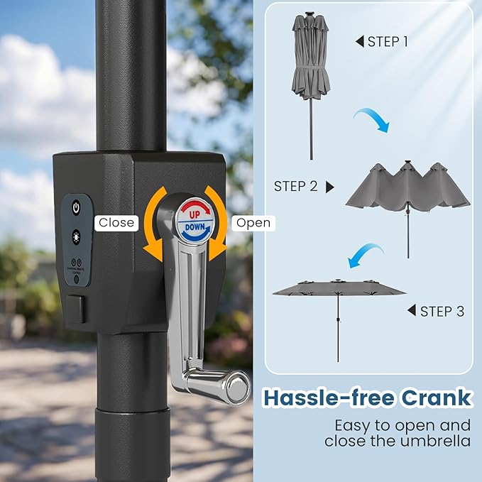 Tangkula 13 Ft Solar Patio Umbrella, Double-Sided Extra Large Outdoor Market Table Umbrella with Multi-Colored Flowing LED Lights, Crank Handle, 12 Sturdy Ribs for Poolside, Garden & Backyard (Gray)