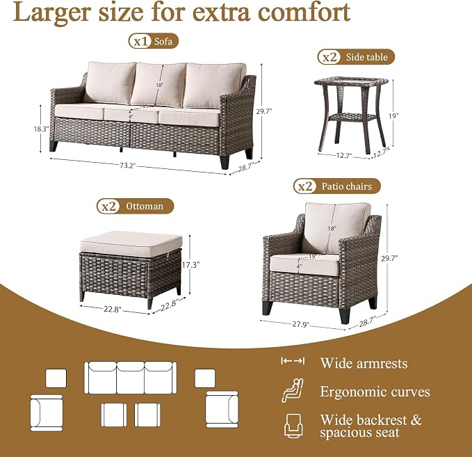 Luxury Patio Furniture Sofa Set - 7 Pieces All Weather Wicker Outdoor Couch and High Back Patio Chairs with Sofa & footstools for Deck Yard and Poolside Gray Wicker | Beige Cushions
