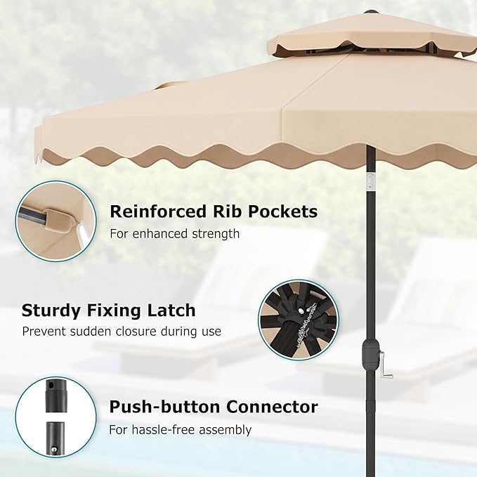 Happygrill 9 FT Patio Umbrella, Scalloped Outdoor Table Market Umbrella with Push Button Tilt & Crank, 2-Tier Vented Top, Heavy-Duty 8 Metal Ribs, Sun-Protective Canopy, Ruffle for Deck Pool Garden (Beige)