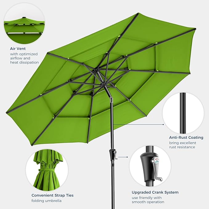 HOMSHADE 9FT 3-Tiers Outdoor Patio Umbrella with 5-Year Fade Resistant,Vented Outdoor Commercial Market Umbrella with UPF50+ UV Protection & Push Button Tilt and Crank for Pool,Backyard(Apple Green)