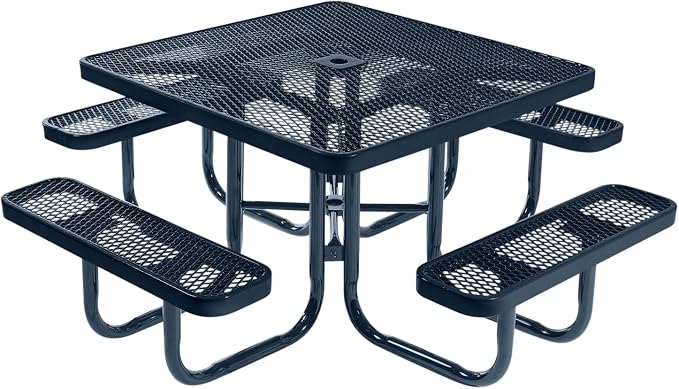 COATEDOUTDOORFURNITURE Heavy-Duty Portable Outdoor Picnic Table with Umbrella Hole, Expanded Metal Commercial-Grade Patio Furniture Made in America (46" Square Top, Dark Blue with Dark Blue Frames)