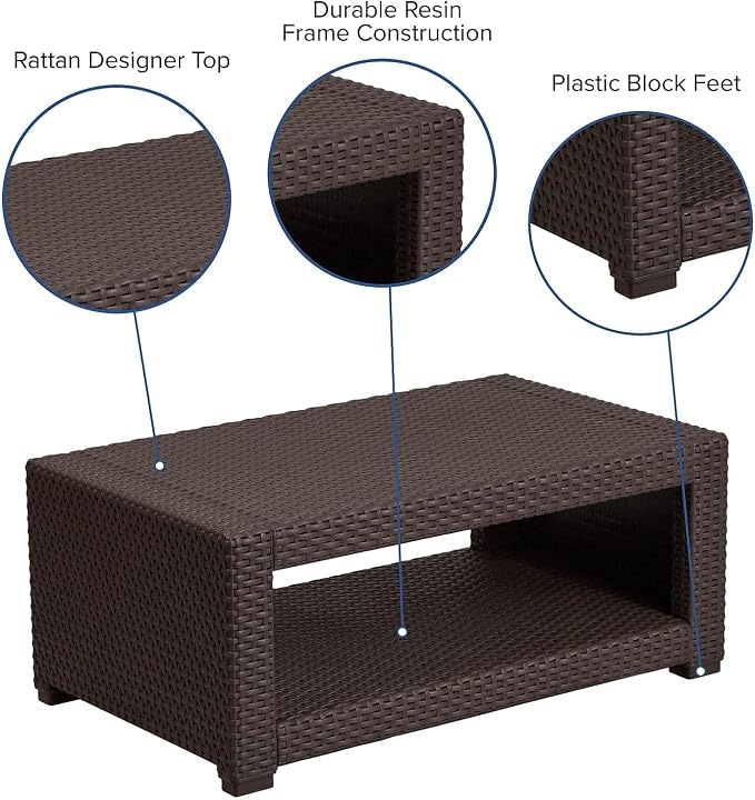 BOWERY HILL Modern Wicker Patio Coffee Table, Chocolate Brown Finish, 36.5 x 22 x 15 in, Resin Frame with Rattan Style Top, Open Shelf, Durable Outdoor Coffee Table for Patio or Deck Use
