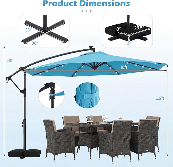 Tangkula 10ft Solar Patio Umbrella with Base Included, Offset Cantilever Outdoor Umbrella with 32 LED Lights, 360 Degree Rotation, Crank Handle for Pool Deck Garden Backyard (Turquoise)