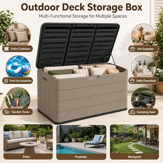 ADDOK 110 Gallon Outdoor Deck Box with Wheels, Large Waterproof HDPE Resin Storage Box with 2 Locking Casters, Lid Support Rod and Lockable Lid, Patio Cushion Storage Bench,Brown