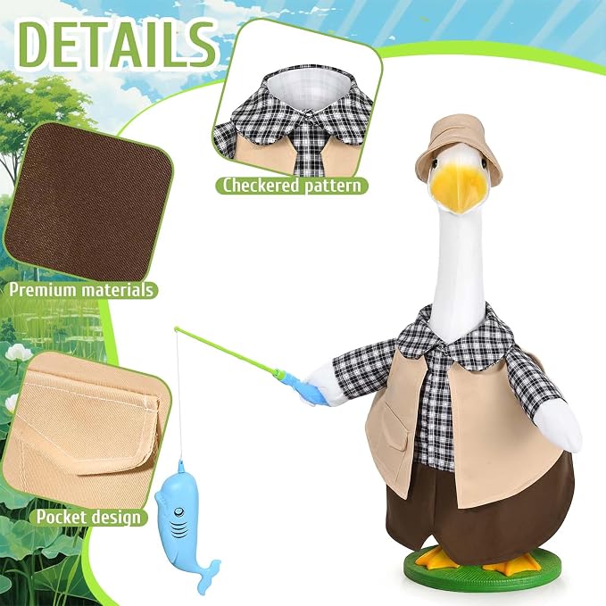 JcHrmers Fishing Porch Goose Outfits Fisherman Lawn Goose Clothes Fit 23" High Cement or Plastic Goose Statue for Outdoor Garden Yard Patio Decor