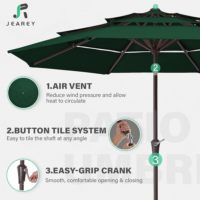 JEAREY 9FT 3 Tier Patio Umbrella Outdoor Market Umbrella Table Umbrellas with 8 Ribs 1.5 Pole Push Button Tilt and Crank UV Protection for Garden,Dark Green