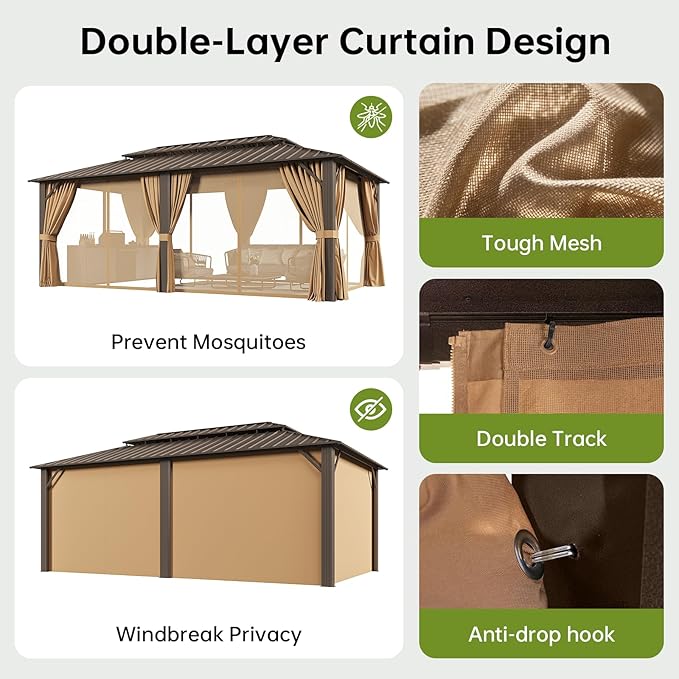 12x20FT Hardtop Gazebo with 72FT Solar String Lights, Metal Frame with Double Galvanized Steel Roof, Permanent Outdoor Pergola for Backyard, Patio, Lawn and Garden, Brown