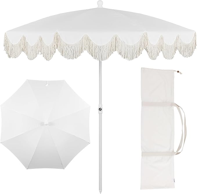 JONATHAN Y Mariner 6.5 ft. Beach Umbrella, Solid White with Fringe, Push-Button Tilt, UPF 50+ Sun Protection and Carrying Bag for Patio and Pool, White Pole UMB1005A