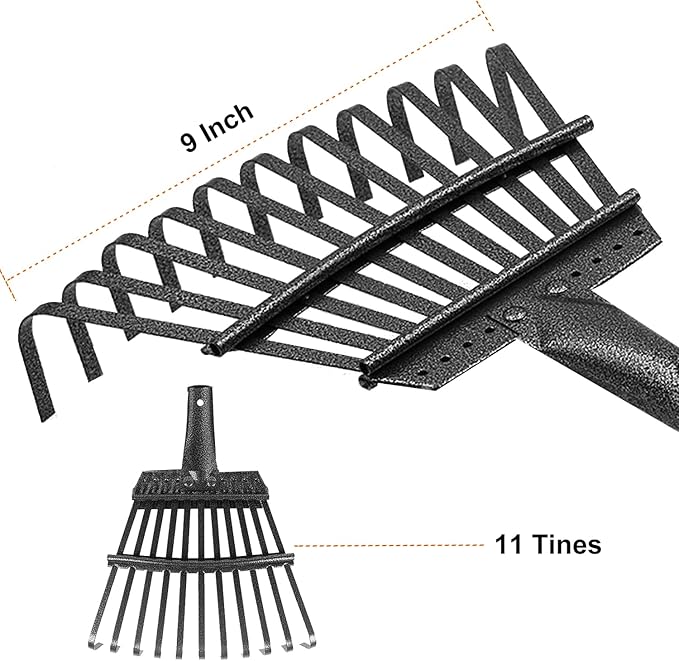 Small Leaf Rake with 11 Metal Tines, 33-68 Inch Rake for Leaves 9'' Wide Adjustable Stainless Steel Handle for Shrub, Flower Bed & Small Area