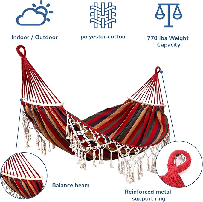 Double Hammock with Tree Straps 108x59in Heavy Duty 770 lbs Camping Hammock with Tassels Portable Colorful Canvas Hammocks with Carry Bag for Backyard Outdoor Beach Patio
