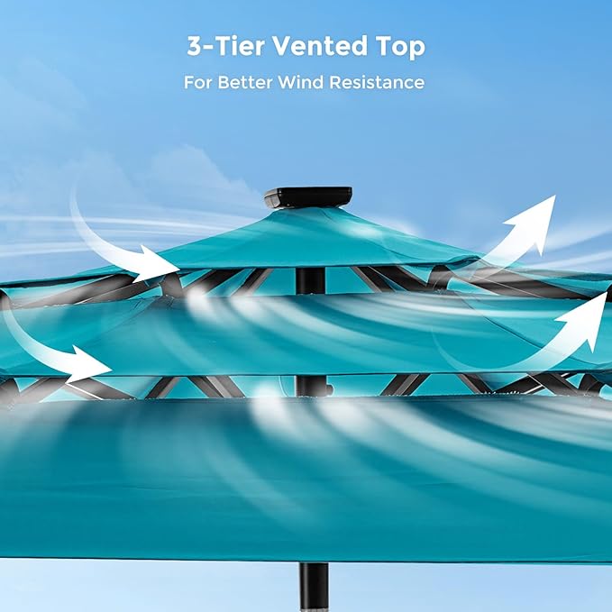 HOMSHADE 9FT 3-Tier Solar Patio Umbrella,Vented Market Table Umbrella Windproof w/32 LED Lights, UPF50+, 5-Year Fade Resistant, 8 Thicker Ribs for Pool, Lawn, Garden, Deck (Light Blue)