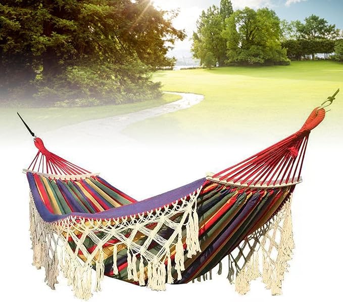 Backyard Hanging Hammock with Tassels, 500lb Load Capacity, Single Double Size 102x59in - Lightweight Foldable Outdoor Cotton - Polyester Blend for Garden, Patio, Camping Relaxat (Red)