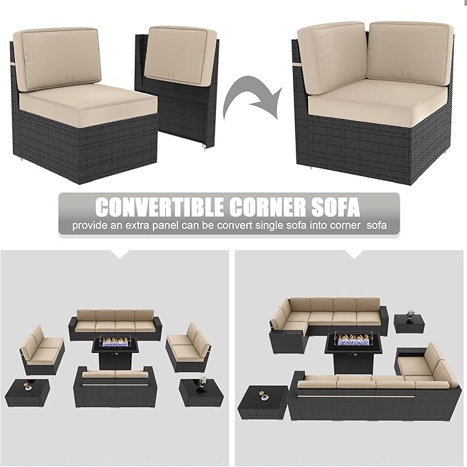 LayinSun 13 Pieces Outdoor Patio Furniture Set with 44" Fire Pit Table Rattan Sectional Sofa Conversation Sets
