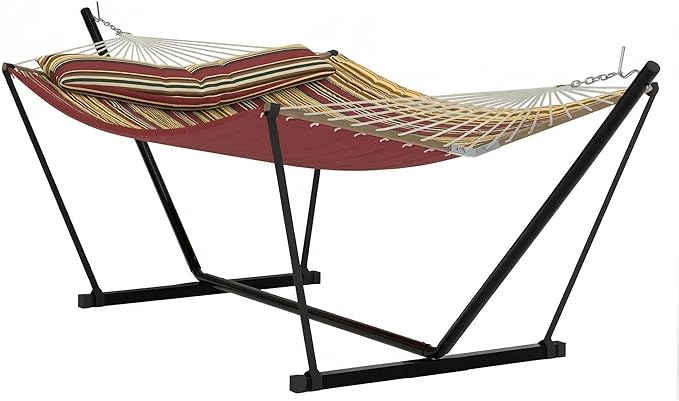 Double Hammock with Stand for Outdoor Use – 2-Person Portable Hammock with Curved Spreader Bar & Balance Ropes, Heavy Duty 450 LBS Capacity for Backyard, Patio & Camping, Red