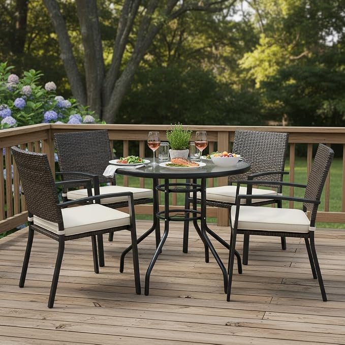 Tangkula 32-Inch Round Patio Dining Table with Tempered Glass Top, Metal Frame Outdoor Bistro Table with Umbrella Hole, Outside Table for Garden Poolside Balcony Yard