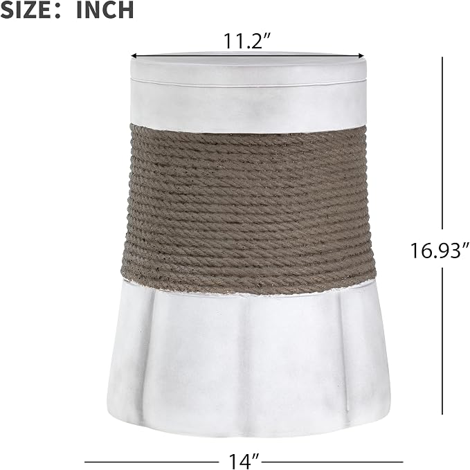 Concrete Outdoor Side Table with Rope Detail, Round Accent Table, Modern Patio End Table for Backyard Garden Balcony Living Room