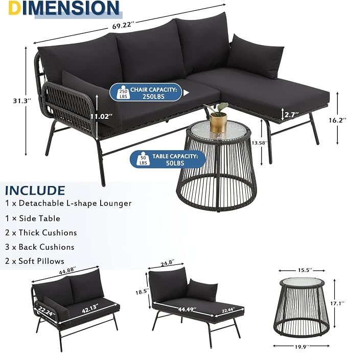 EROMMY 3 Piece Patio Conversation Sets, L-Shaped Sectional Patio Furniture Sofa Set with Thick Cushions and Toughened Glass Coffee Table for Backyard Balcony Garden Porch, Black