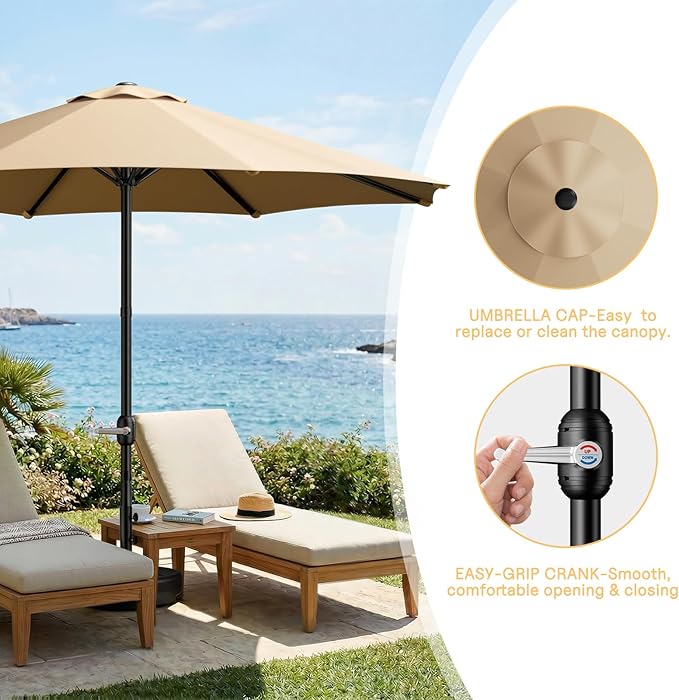 CHABATREE 9FT Outdoor Patio Umbrella with Easy Crank - UV Resistant & Waterproof Market Umbrella with Ventilated Canopy, 8 Sturdy Ribs & Powder-Coated Frame for Garden, Deck, Backyard, Pool, Patio Table