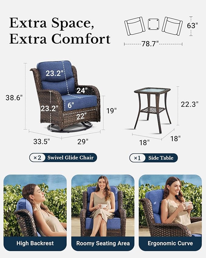 HILLGA Luxury Patio Furniture Set with 6-inch Thick Cushion, Outdoor High Back Swivel Rocker Patio Chairs, 3PCS Wicker Conversation Set for Deck Yard and Poolside, Blue (V2)