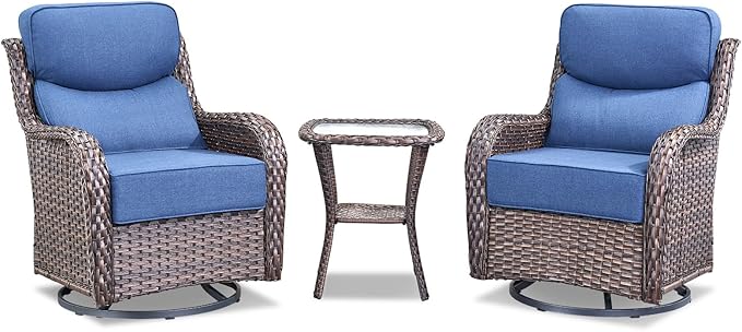 Luxury Outdoor Swivel Rocker Patio Chairs-3 Piece Wicker Patio Rocking Chairs Set of 2 with Glass Side Table 6" Thick Cushions High Back Outdoor Furniture Sets for Deck Porch Balcony(Brown/Blue)