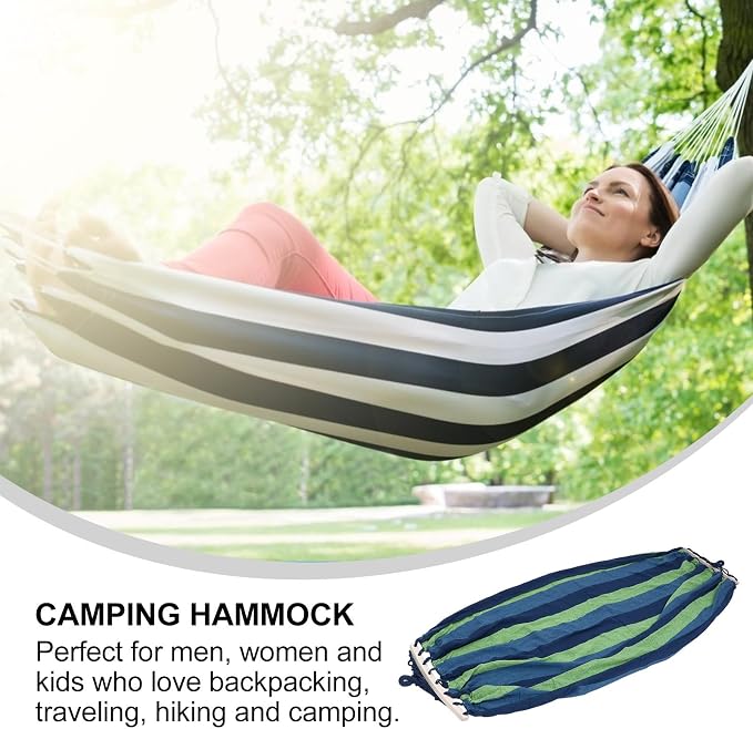 POPETPOP Outdoor Hammock Swing Extra Large Striped Canvas 190x100cm Portable Camping Travel Hanging Hammock for Backyard Patio and Hiking