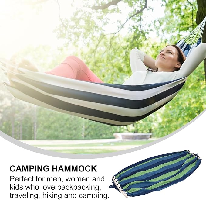 Kichvoe Portable Camping Hammock Swing, Single-Person Striped Canvas Travel Hammock 190x100cm, Outdoor Garden Hanging Bed for Hiking and Backyard Use