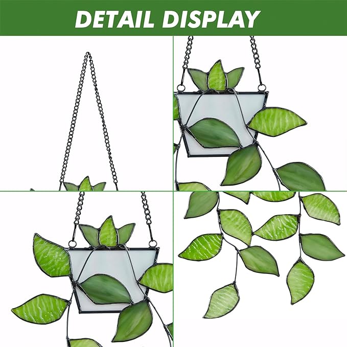 Stained Glass Window Hanging, Green Leaf Plant Suncatcher Decor | Rswardeleco Stained Glass Window Hanging, Green Leaf Plant Suncatcher with Chain, Home Wall Art Decor, Gift for Plant Lovers