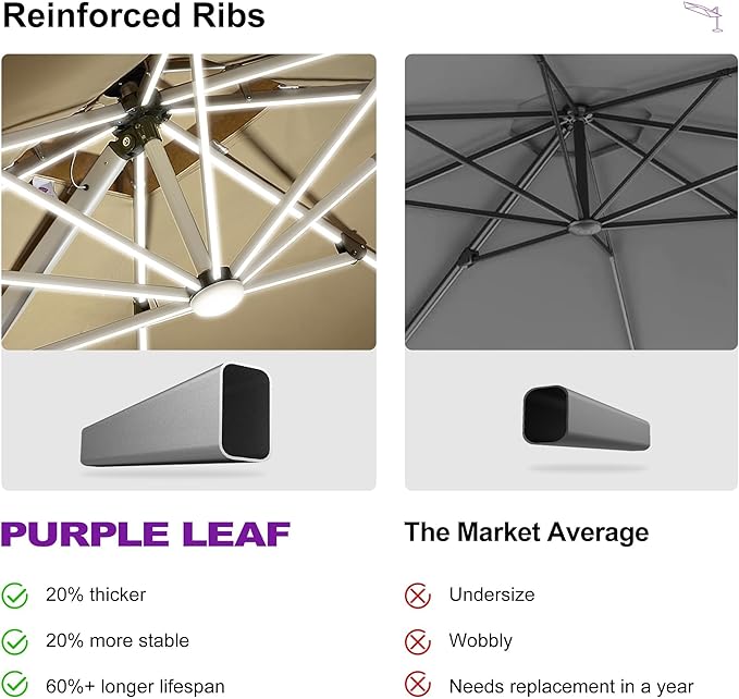 PURPLE LEAF 10' X 13' Solar Powered LED Patio Large Umbrella Offset Double Top Hanging Umbrella Outdoor Market Umbrella for Garden, Spectrum Sand