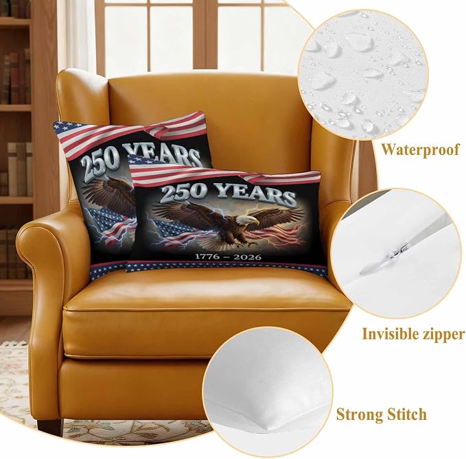 250th Anniversary USA Outdoor Waterproof Throw Pillow Covers 26x26 Set of 2, Independence Day Eagle Flag Decorative Pillowcases Cushion Pillowcase for Couch Sofa Patio Outside Pillow Protector