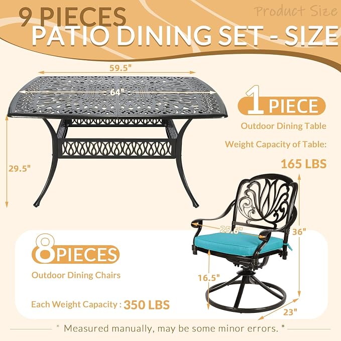 9 Piece Outdoor Patio Dining Set for 8, Cast Aluminium Large Square Dining Table & 8 Swivel Rocker Chairs with Removable Cushions, Umbrella Hole, Patio Furniture Set for Garden, Ocean Blue