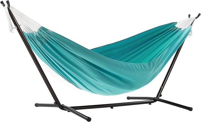 Vivere Double Sunbrella Hammock, Weather-Ready Outdoor Lounger with Space-Saving Steel Stand and Carry Bag, 450 Lb Capacity, 9 Foot, Aruba
