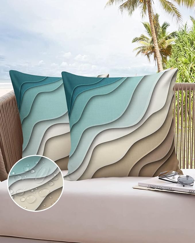 Modern Geometric Outdoor Waterproof Pillow Covers for Patio Furniture Decorative Throw Pillow Cover Teal Blue Brown Abstract Ocean Wave Pillowcases Set of 2 Cushion Case for Sofa Couch 24 x 24 Inches