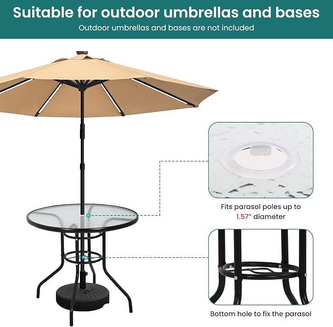 32'' Patio Bistro Table Round Outdoor Coffee Table, Round Tempered Glass Top with Umbrella Hole, Outdoor Dining Table for Balcony Backyard Lawn and Garden, Black