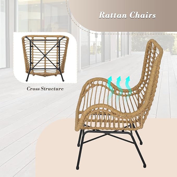Athena Collection Patio Bistro Sets, 3 Piece All Weather Furniture Set Outdoor Conversation Set Glass Table and Rattan Chairs Set with Soft Cushions for Garden, Poolside, Backyard, Light Gray