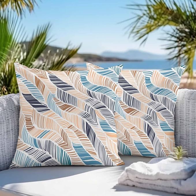 Vandarllin Outdoor Throw Pillows Covers 24x24 inch Set of 2 Waterproof Summer Beach Decorative Zippered Cushion Covers for Patio Furniture, Yellow Blue Ombre Abstract Leaf Lines Lumbar Pillowcases