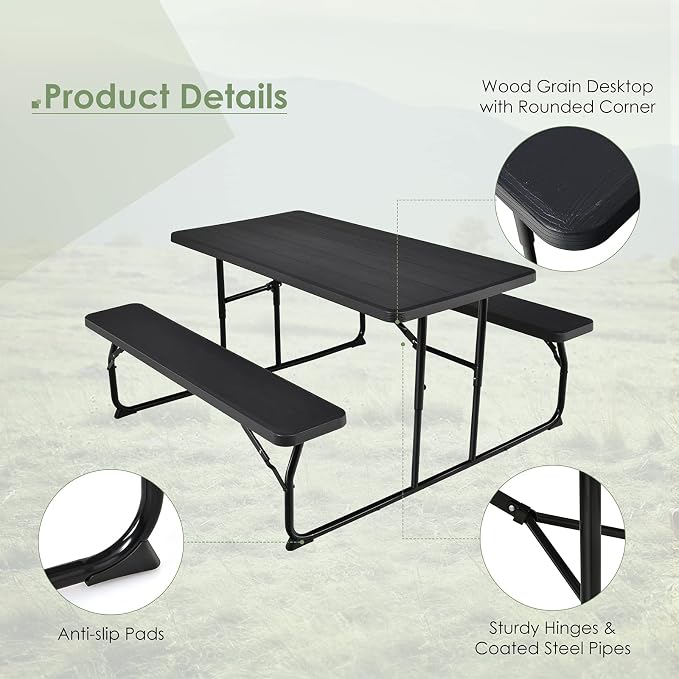 Giantex Folding Picnic Table Bench Set, Outdoor Dining Table Set, Large Camping Table for Patio Deck Lawn Garden Backyard Poolside, Portable Picnic Tables, Weather Resistant Metal Frame, Black