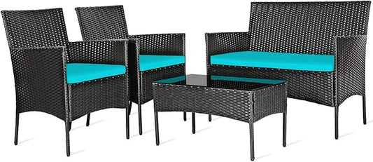 HAPPYGRILL 4 Pieces Patio Furniture Set Rattan Wicker Conversation Set with Tempered Glass Top Table, Outdoor Wicker Sofa Set with Removable Cushions for Poolside Garden Backyard