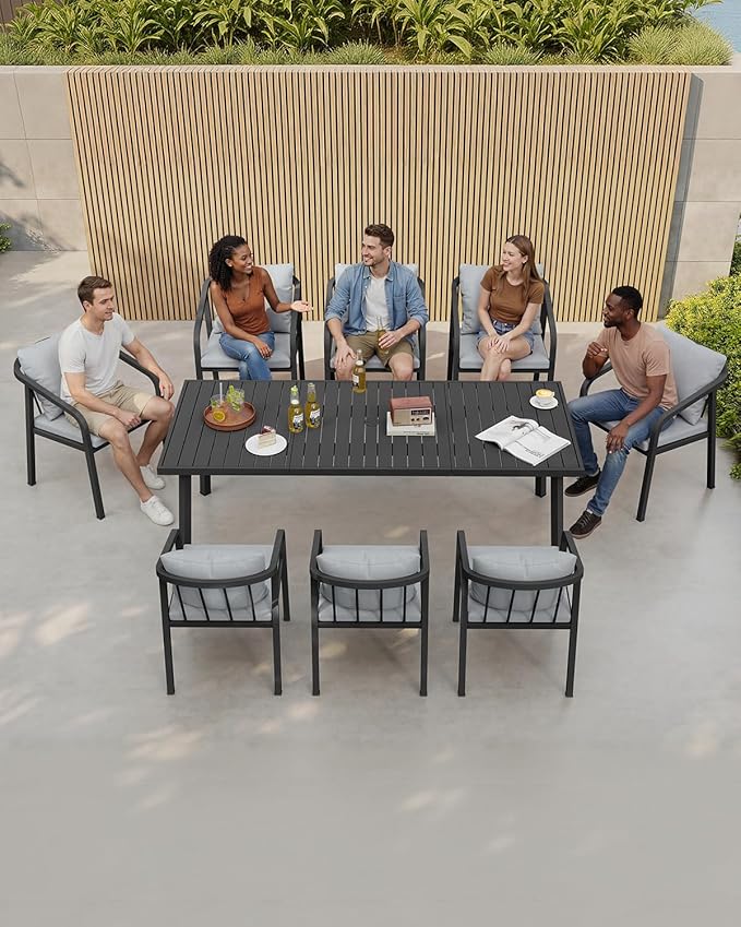 9 Pieces Patio Dining Set, Never-Rust Aluminium Patio Table and Chairs for 8, Outdoor Dining Set with Rectangle Table, Outdoor Dining Chairs with Removable Cushions for Poolside, Garden, Black