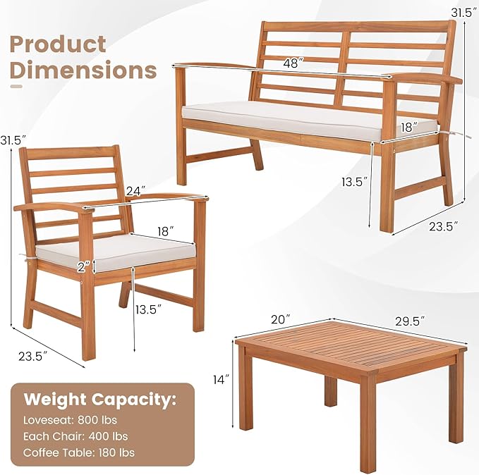 Tangkula 4 Pieces Outdoor Furniture Set, Acacia Wood Conversation Set w/Soft Seat Cushions, Stable Acacia Wood Frame, Patio Sofa & Coffee Table Set for Backyard, Porch, Poolside (White)