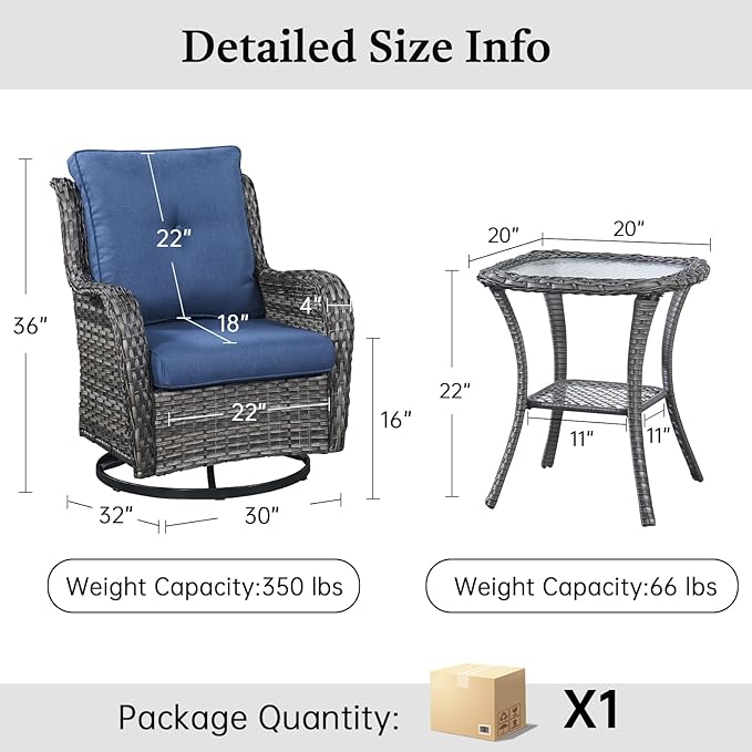 Outdoor Swivel Rocker Patio Chairs with Side Table 3 Pieces PE Wicker Patio Furniture Set for Porch Deck Balcony Garden-Grey/Blue