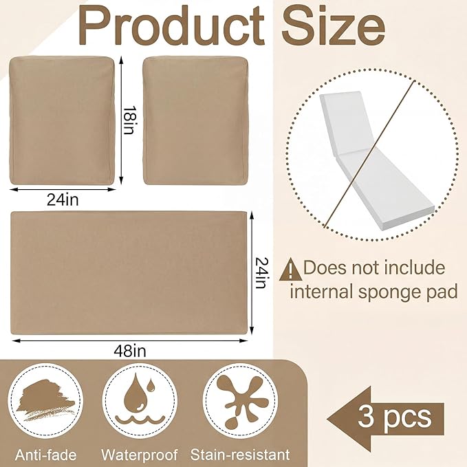 Wenqik 3 Pcs Waterproof Cushion Covers(Not Includes Cushion) 48'' x 24'' Outdoor Patio Furniture Seat Covers Fade Resistant Replacement Slipcover with Zipper for Outside Couch Swing Sofa(Beige)