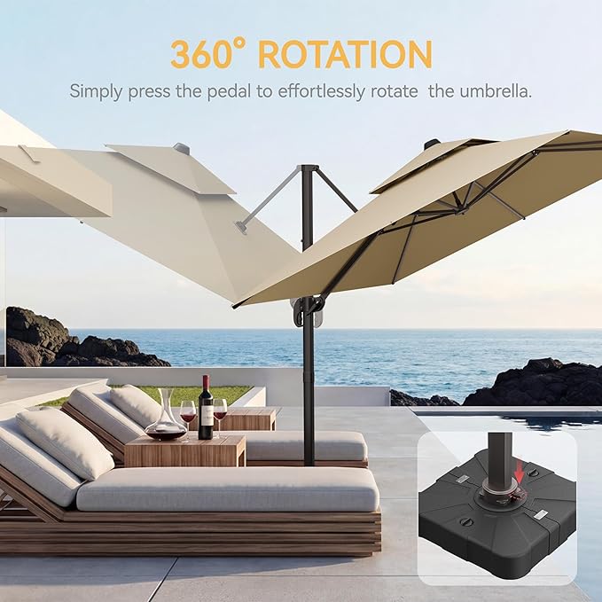 10x13 FT Patio Umbrella with Base, Large Cantilever Rectangular Double Top Heavy Duty Offset Umbrellas with 360° Rotation, Outdoor shade for Garden Deck Pool Patio, Beige