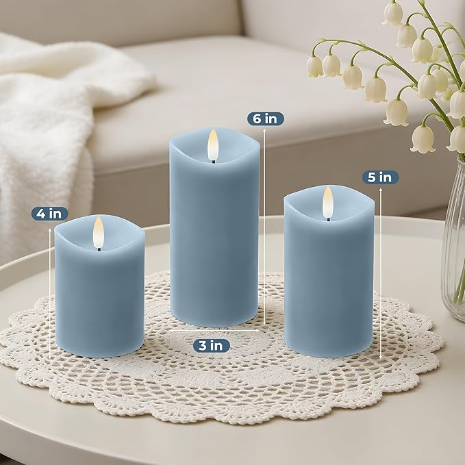 Blue Flameless Candles with Remote and Timer, Real Wax Made LED Pillar Candles Battery Operated with 3D Flickering Flame Melted Edge, 3" x 4",5",6", Set of 3 (Pastel Blue)